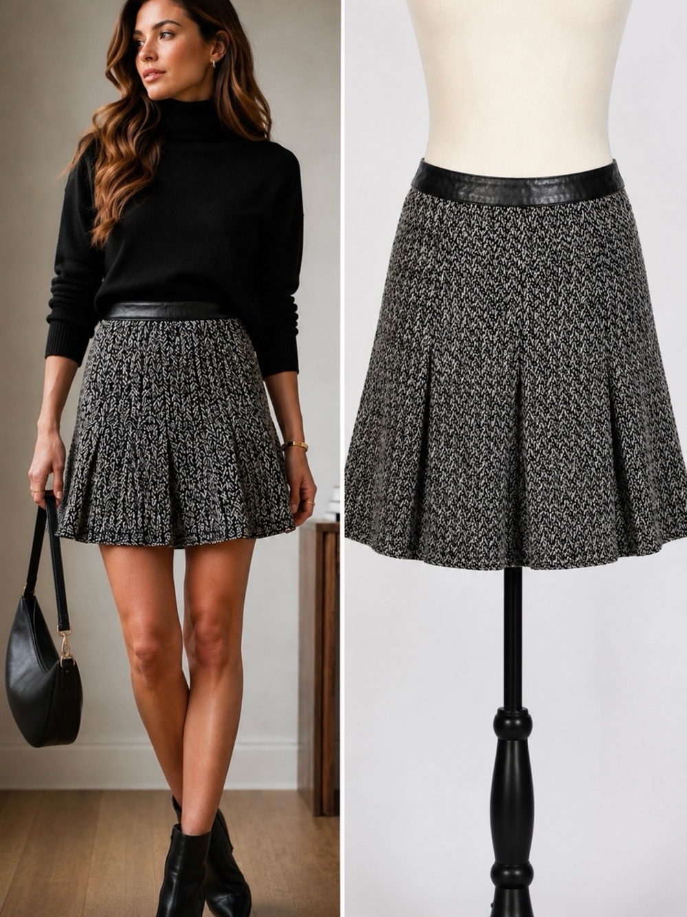 Rag & Bone Kendal Wool Cashmere Blend Pleated Skirt Leather Waist Trim Size 0🧡